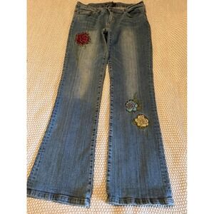 Clash Jeans USA S 11 Blue Denim Flare Jeans Embroidered Roses Vintage Y2K #112